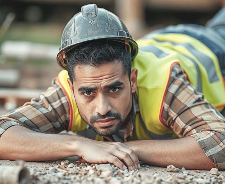 Trabajador de la construcción herido tendido en el suelo
