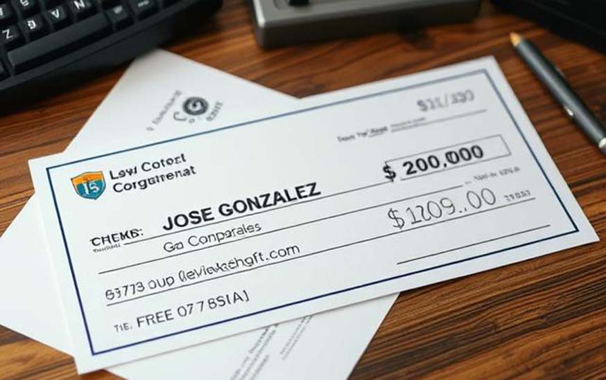 Cheque de compensación laboral en un escritorio