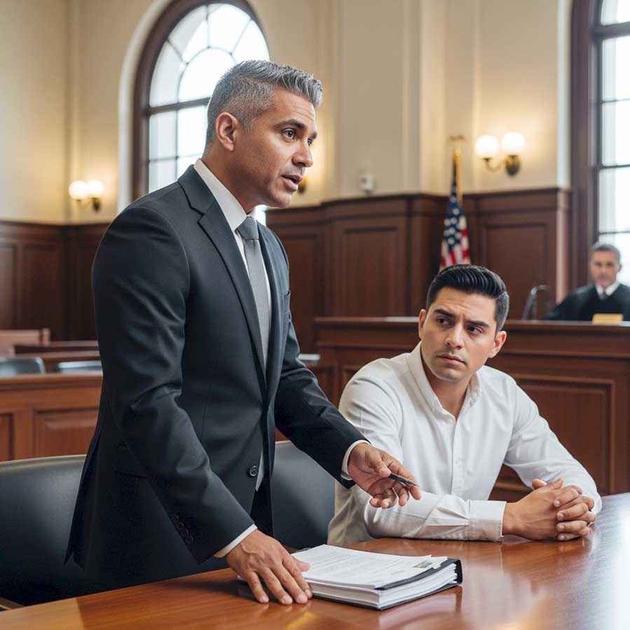 Abogado defensor penal en el juzgado con su cliente en Phoenix