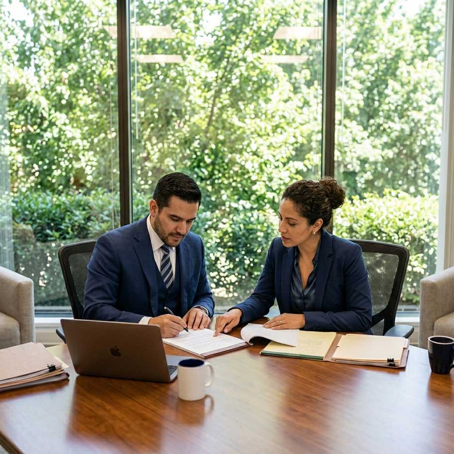 Abogado de inmigración reunido con su cliente en una oficina de Atlanta, Georgia