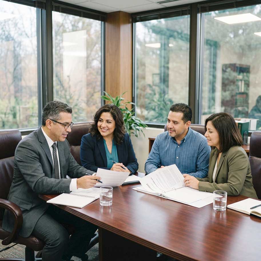Abogados que hablan español en New Jersey reunidos con un cliente latino